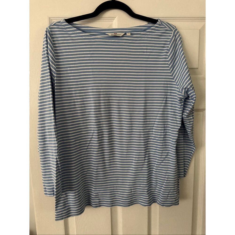 Vineyard Vines Blue & White Striped Sankaty Boat Neck Tee Medium Lightweight Top - Picture 3 of 3